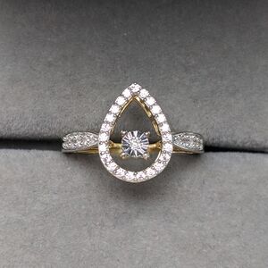 New Sterling Gold Rhodium‑Plated Dancing Diamond Ring Teardrop Halo Size 7 925